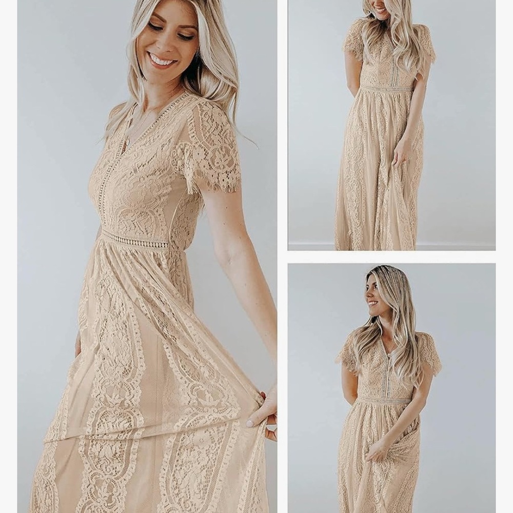 NWT Elegant Lace Maxi Dress in Cream - Picture 3 of 4